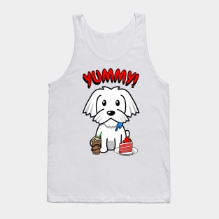 Cute white dog is having coffee and cake Tank Top